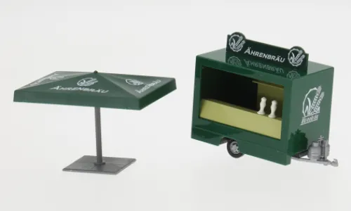 Busch - Ausschankwagen mit Schirm, Bierkästen, Aufsteller und Ausschneidebogen, Ährenbräu, 1:87, Best