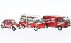 Oxford VW 3er-Set, Käfer, T2 Bus, T3 Kastenwagen, Coca-Cola, 1:76, Discount
